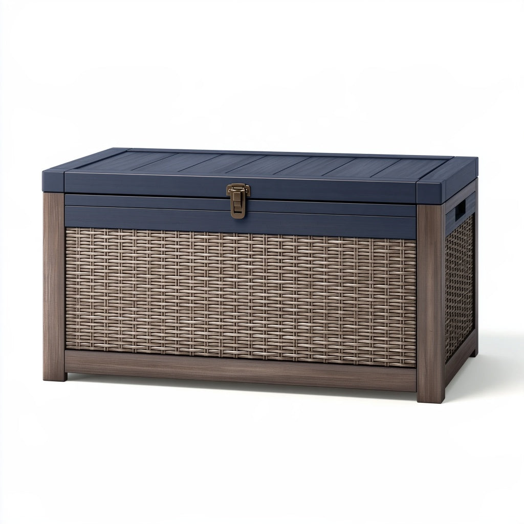 Auflagenbox 120 x 60 x 65 cm Kunststoff Dunkelblau Braun mit Deckel für Garten