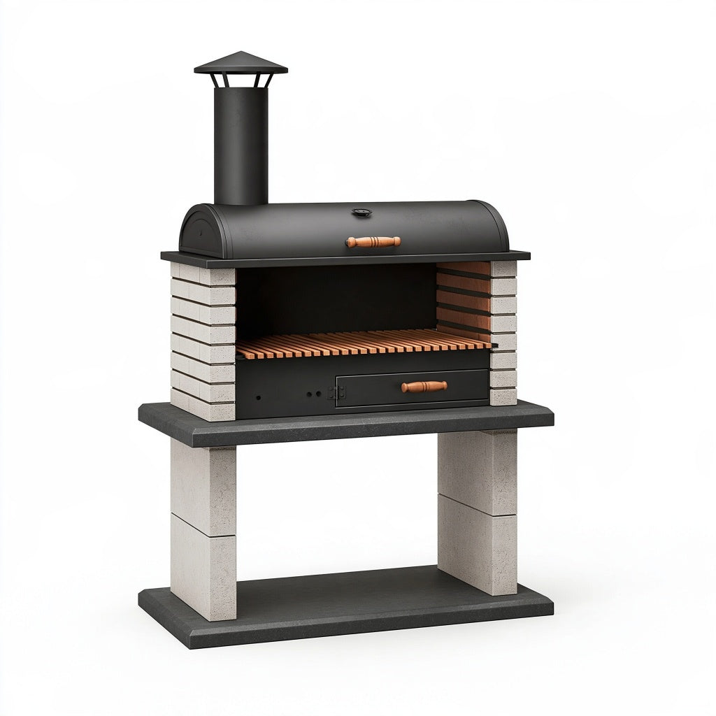 Grillkamin 120 x 70 x 200 cm aus Stahl und Beton in Schwarz Grau mit Grillrost und Kamin