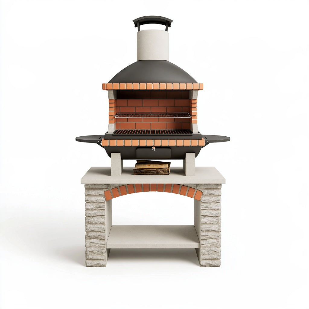 Grillkamin 120 x 70 x 210 cm aus Stahl und Stein Schwarz Terrakotta mit Grillrost für den Außenbereich
