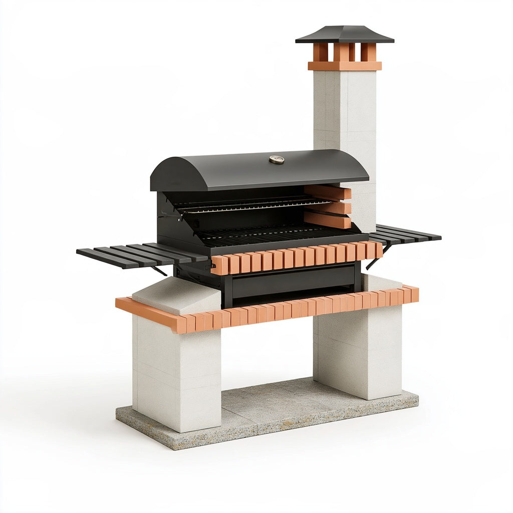Grillkamin 160 x 70 x 220 cm aus Betonstein und Stahl in Schwarz Terrakotta für den Außenbereich