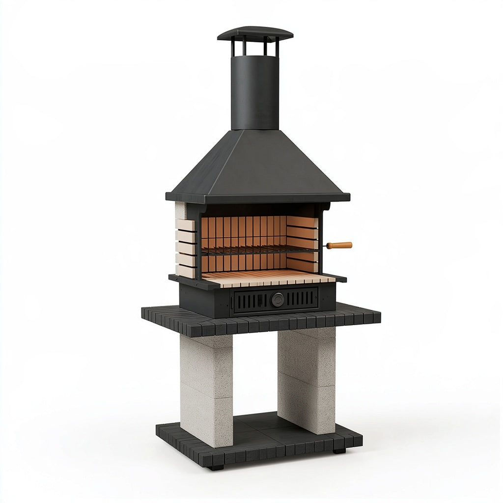 Gartenkamin Grill 120 x 80 x 230 cm aus Metall und Beton in Schwarz Grau mit Grillrost