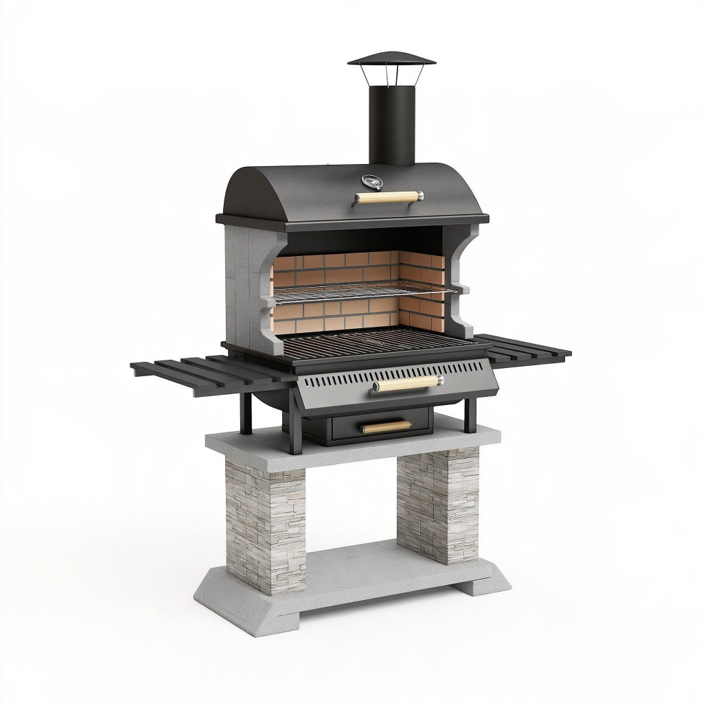 Grillkamin 150 x 75 x 220 cm aus Stahl Schwarz mit Schamotte und Grillrost