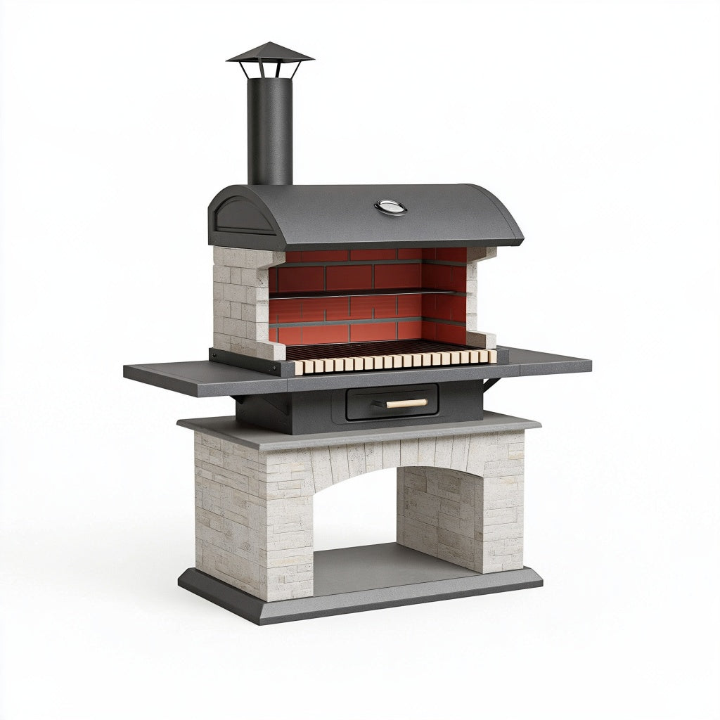 Grillkamin 120 x 70 x 210 cm aus Stahl und Stein Grau Schwarz für den Außenbereich mit Kamin