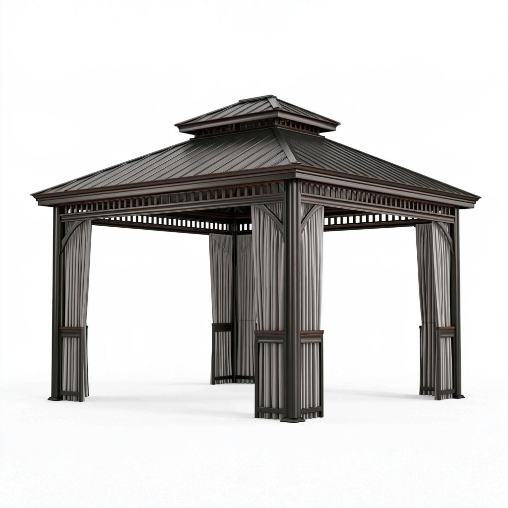 Gartenpavillon 300 x 300 x 290 cm Stahl Anthrazit mit Metalldach und Vorhängen