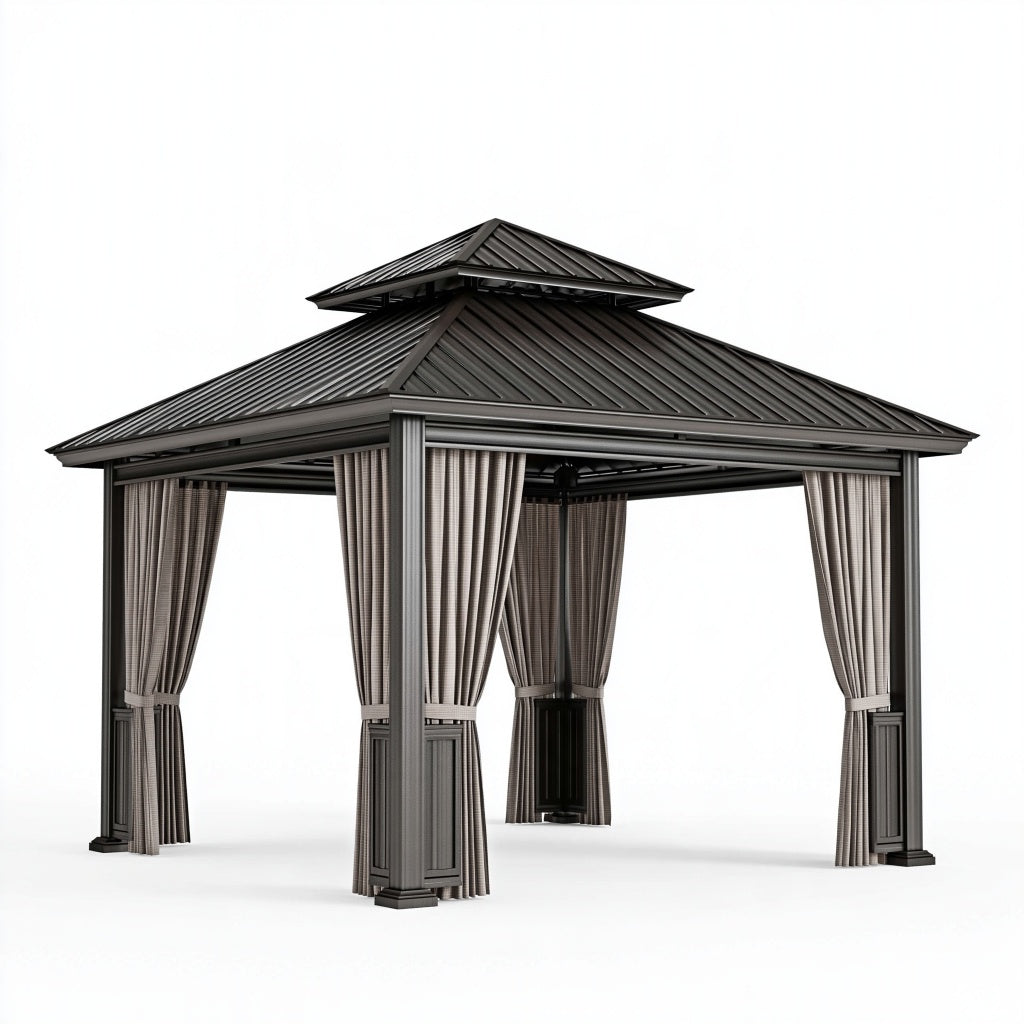Moderner Gartenpavillon 300 x 300 x 300 cm Metall Anthrazit mit Vorhängen