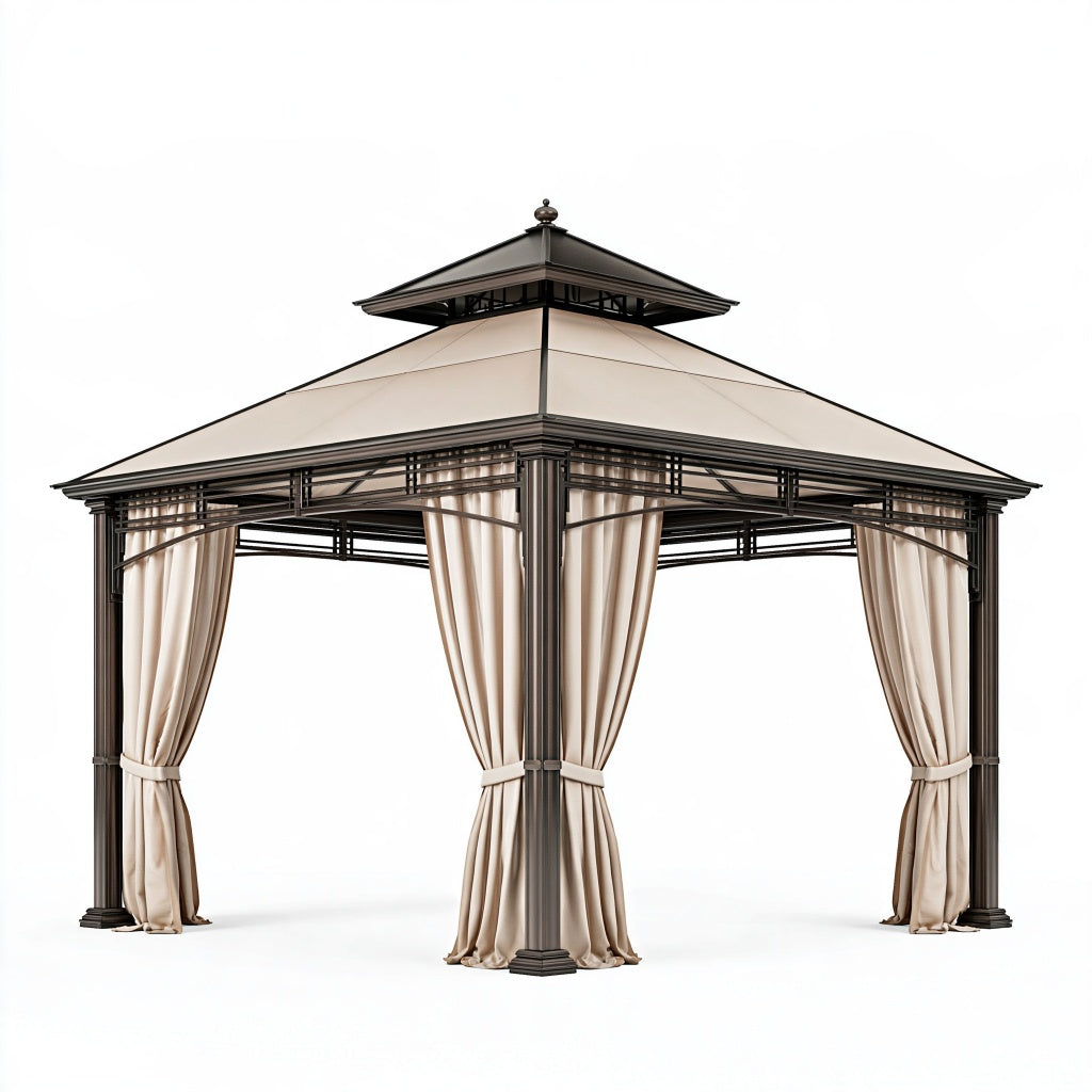 Pavillon 300 x 300 x 290 cm Stahl Polyester Beige für Garten mit Vorhängen und zweistufigem Dach