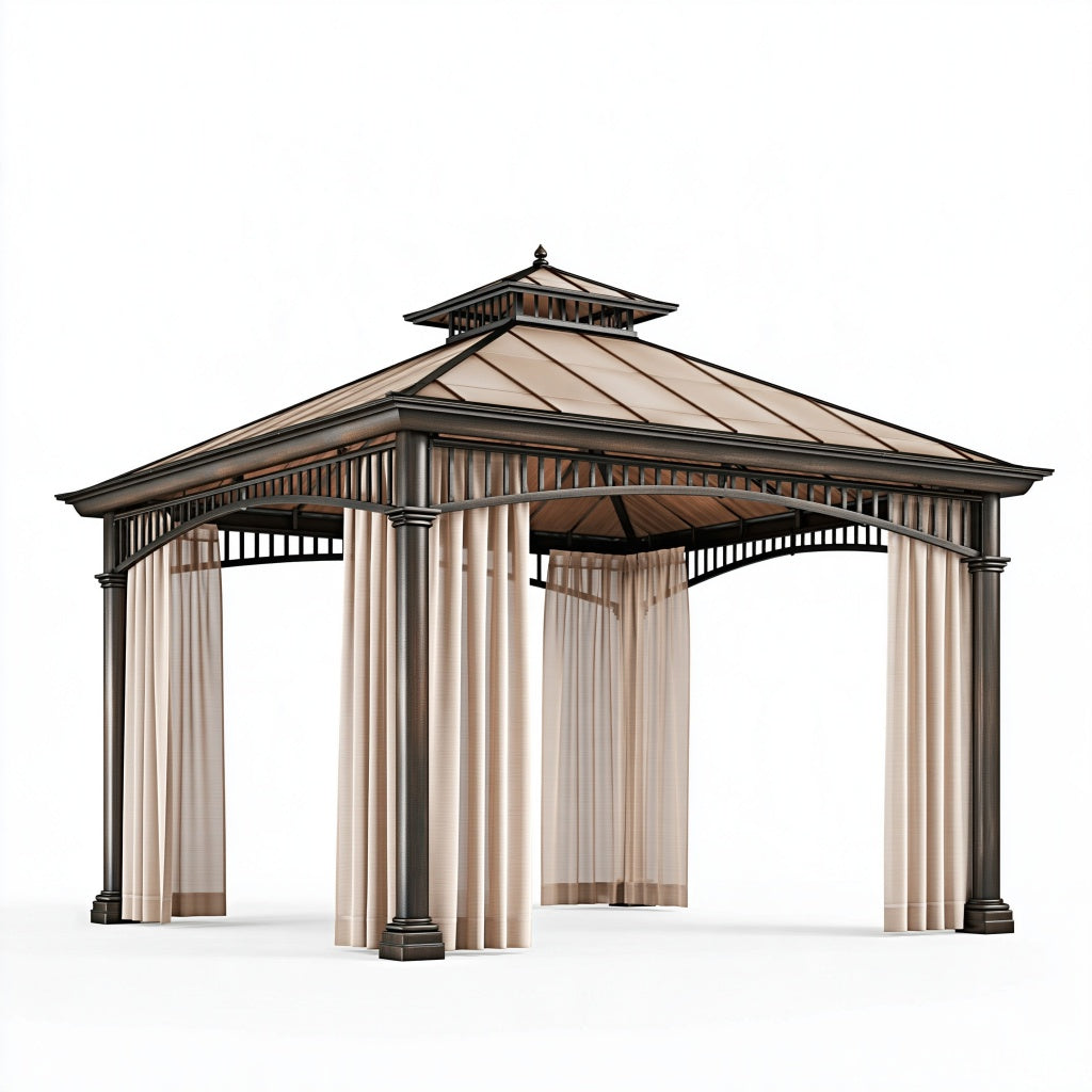 Gartenpavillon 300 cm x 300 cm mit Metallgestell in Schwarz und beigen Vorhängen