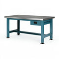 Werkbank 120 x 60 x 85 cm aus Stahl Blau mit Edelstahl Arbeitsplatte und Schublade