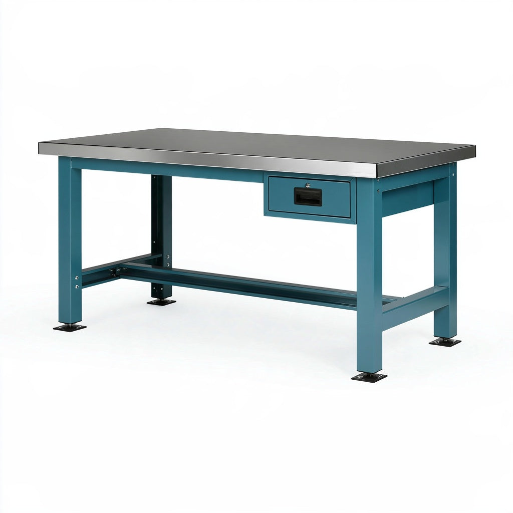 Werkbank 120 x 60 x 85 cm aus Stahl Blau mit Edelstahl Arbeitsplatte und Schublade