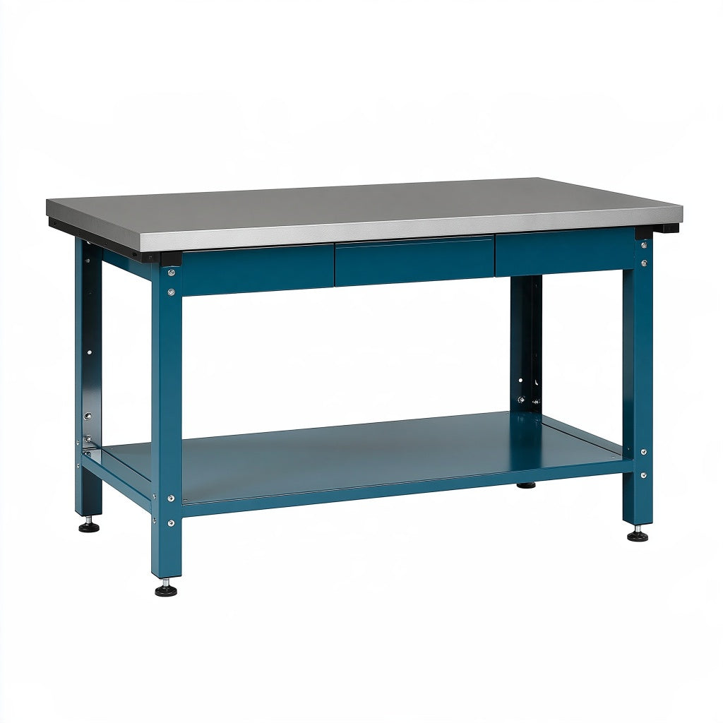 Werkbank 120 x 60 x 85 cm aus Stahl Blau Grau mit drei Schubladen im Industriestil