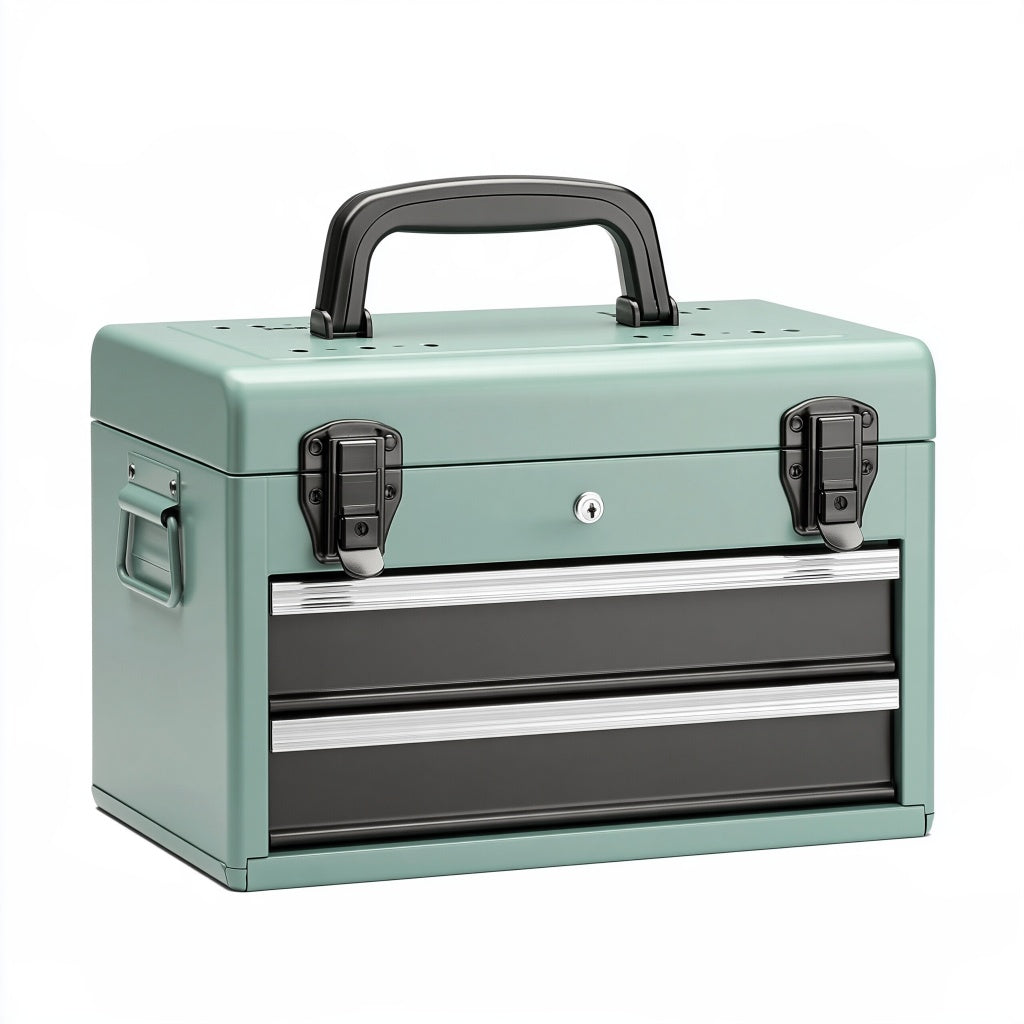 45 x 25 x 32 cm Werkzeugkasten aus Metall Mintgrün mit 2 Schubladen und Tragegriff