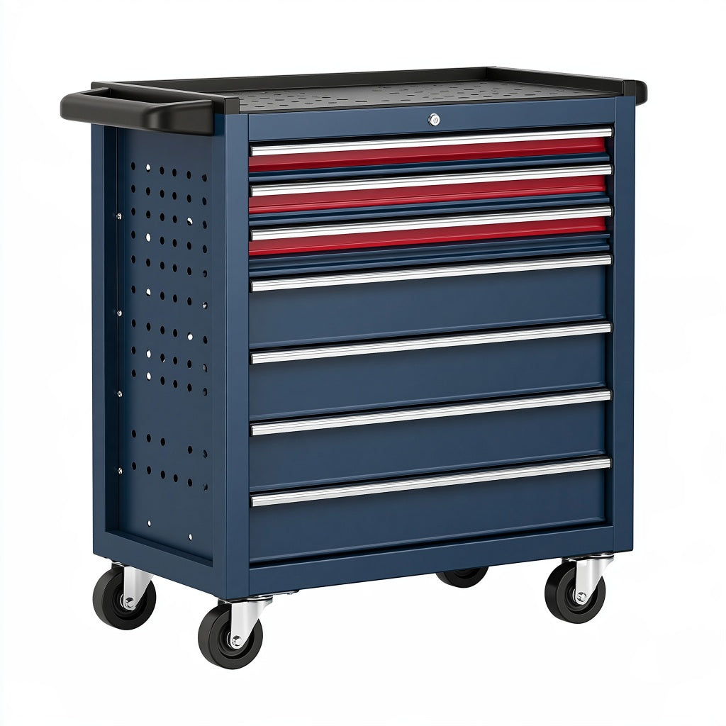 Werkzeugwagen 77 x 46 x 97 cm aus Stahl Blau Rot mit 7 Schubladen und Rollen