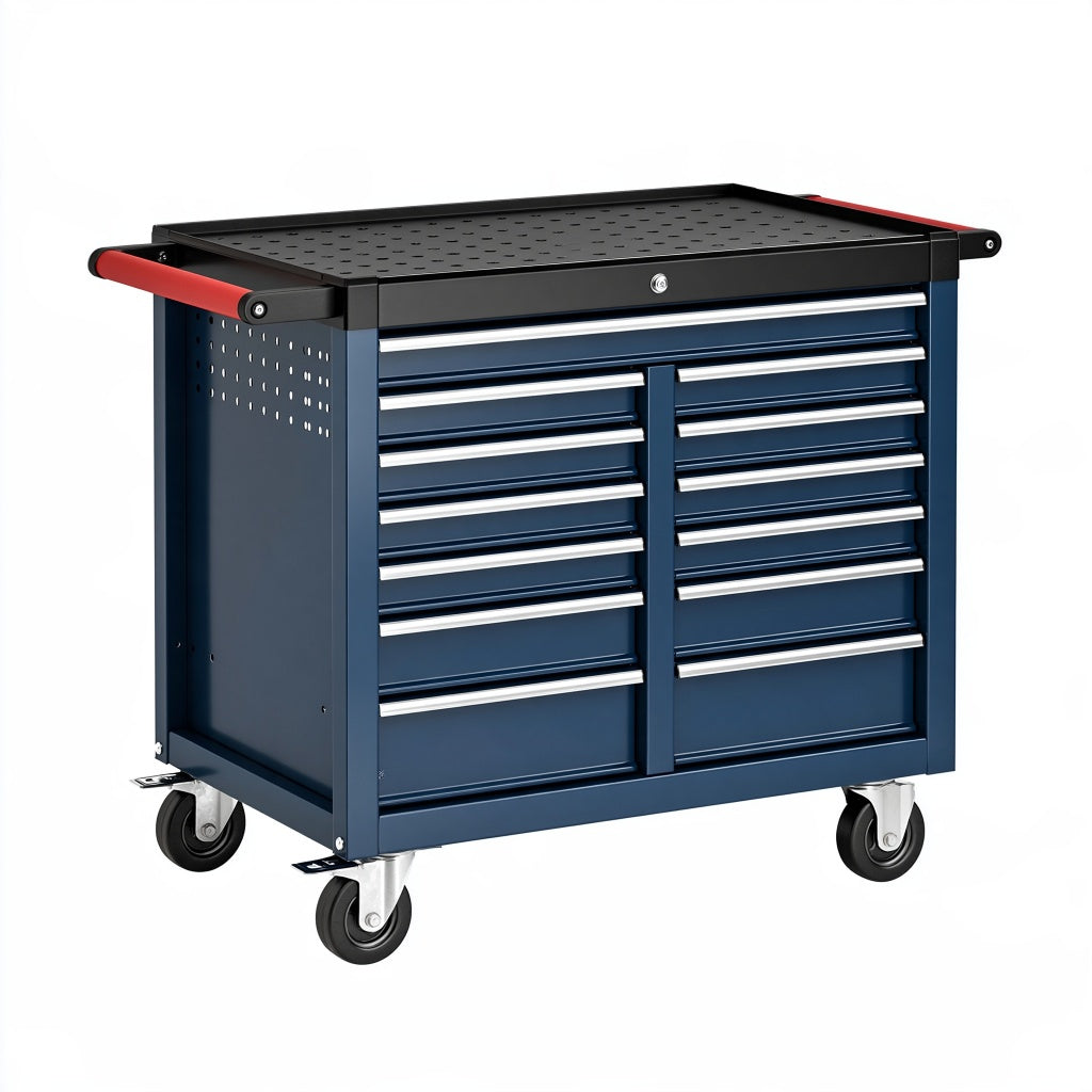 Werkzeugwagen 100 x 50 x 95 cm aus Stahl Blau Schwarz mit 14 Schubladen und Rollen