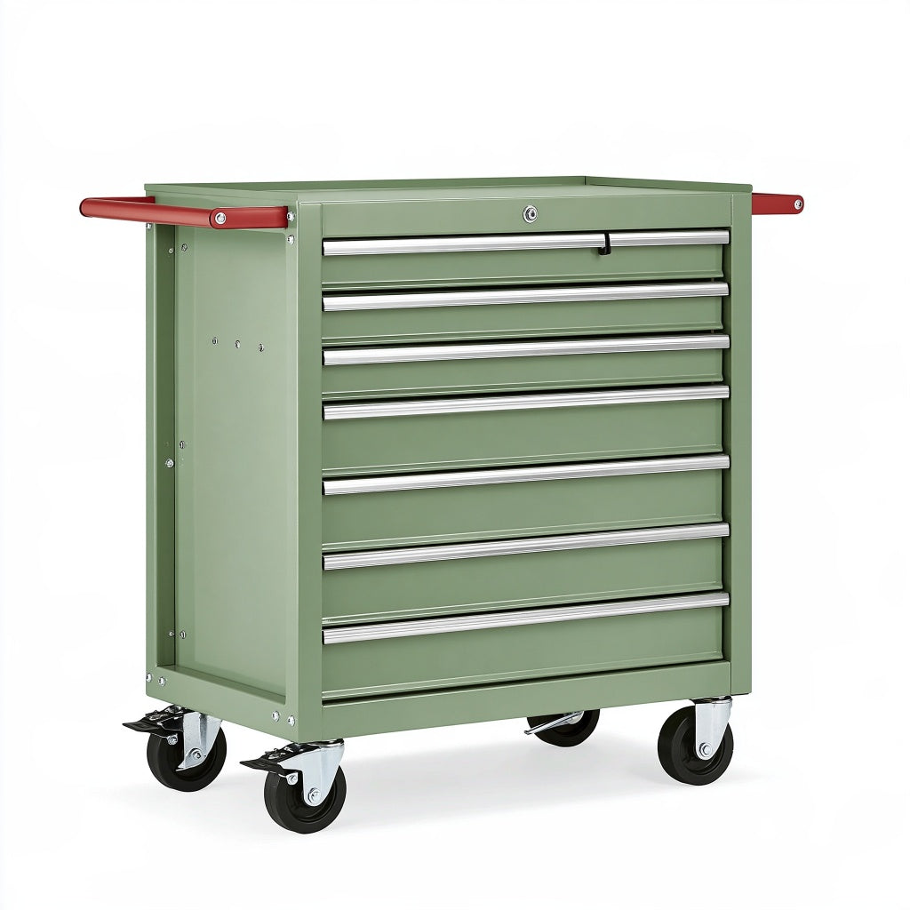 Werkstattwagen 100 x 50 x 95 cm aus Stahl grün mit 7 Schubladen rollbar