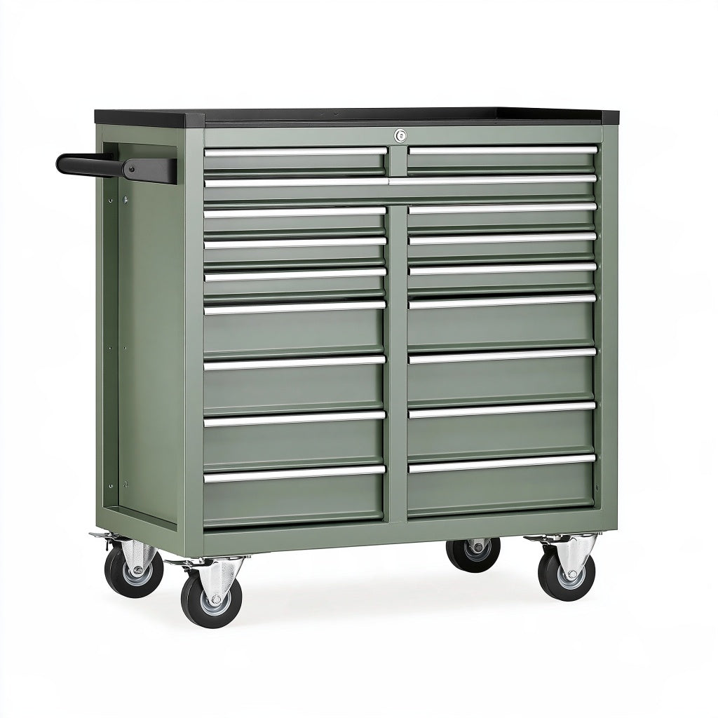 Werkzeugwagen 113 x 46 x 97 cm aus Stahl Grün mit 14 Schubladen abschließbar