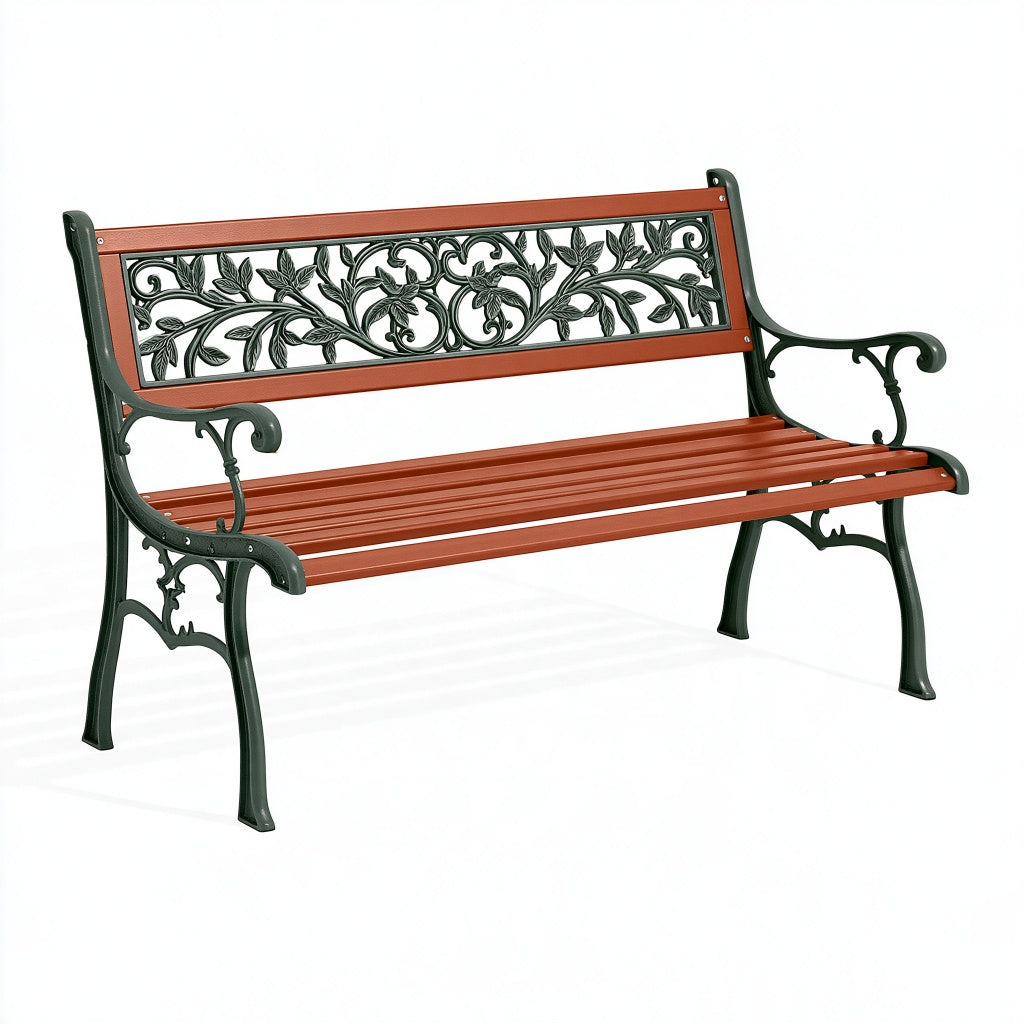Gartenbank 125 x 62 x 82 cm Holz und Metall Rotbraun Schwarz mit floralem Rückenlehnenmuster